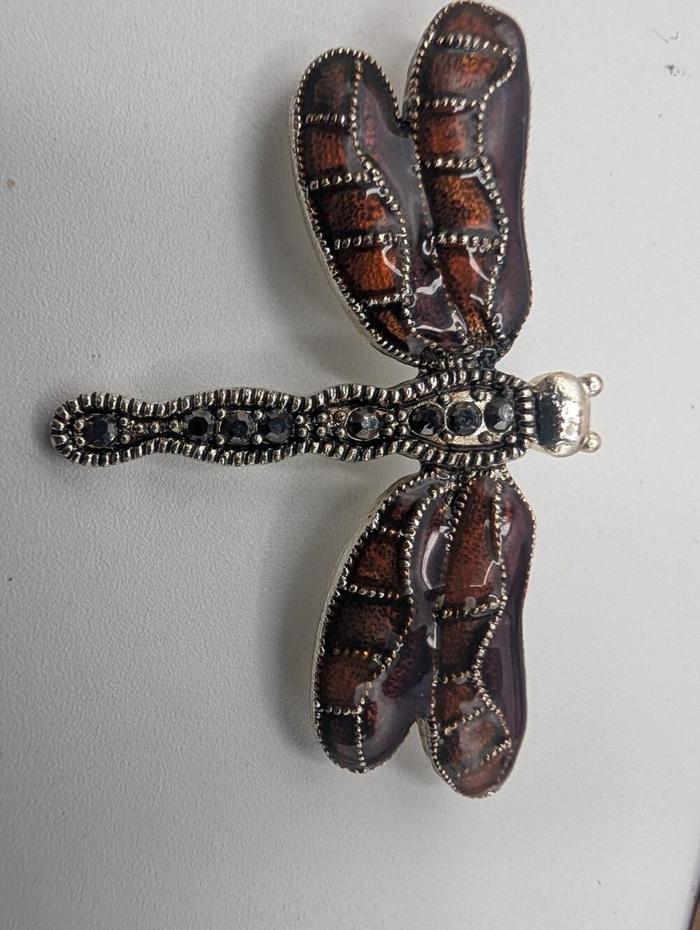Dragonfly Brooch Pin Brown Enamel Silver Tone Rhinestone Fashion Jewelry Insect
